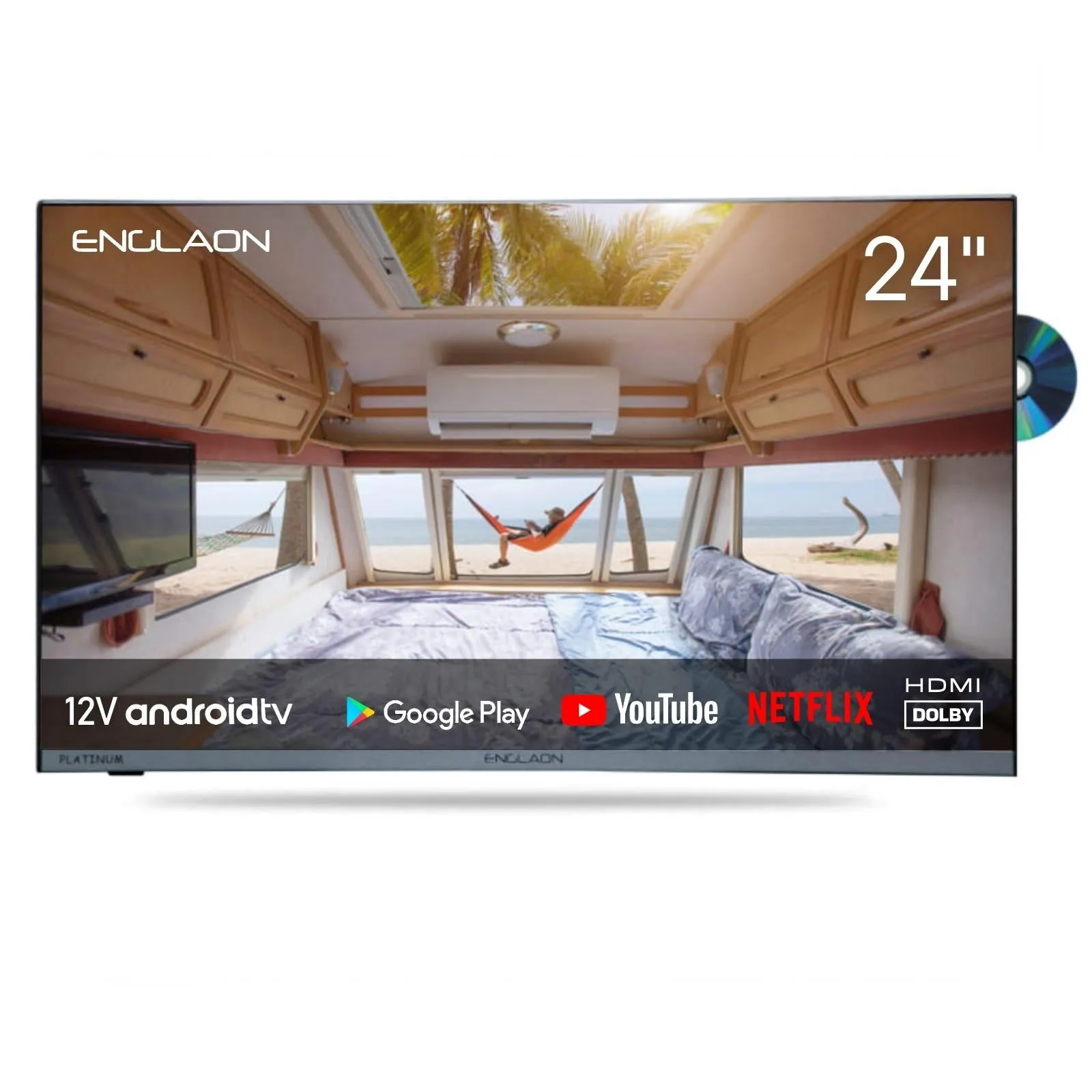 ENGLAON 24'' Full HD Android Smart 12V TV with DVD Combo & Chromecast