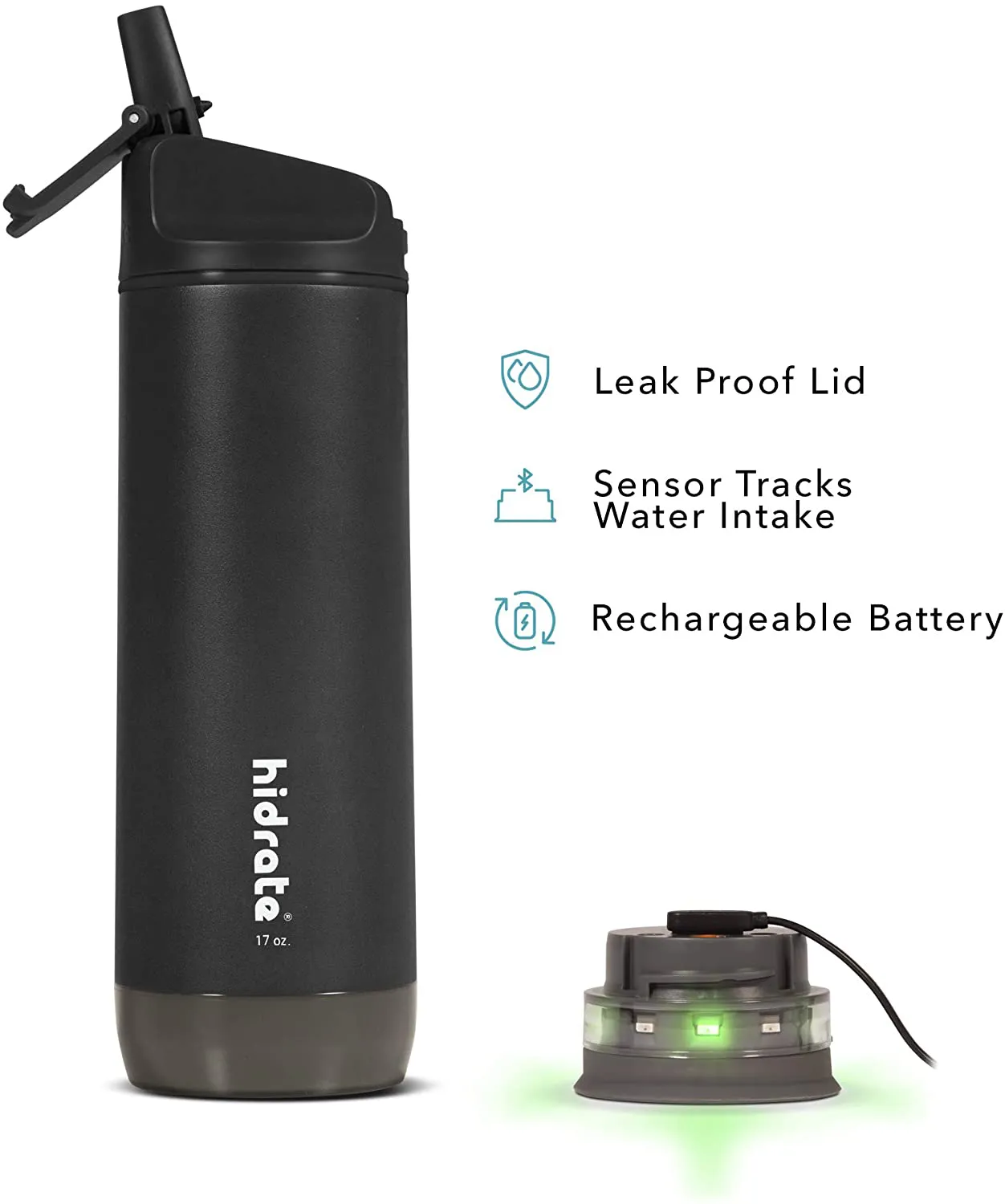 Hidrate Spark Steel Smart Water Bottle, Tracks Water Intake & Glows to Remind You to Stay Hydrated - Straw Lid