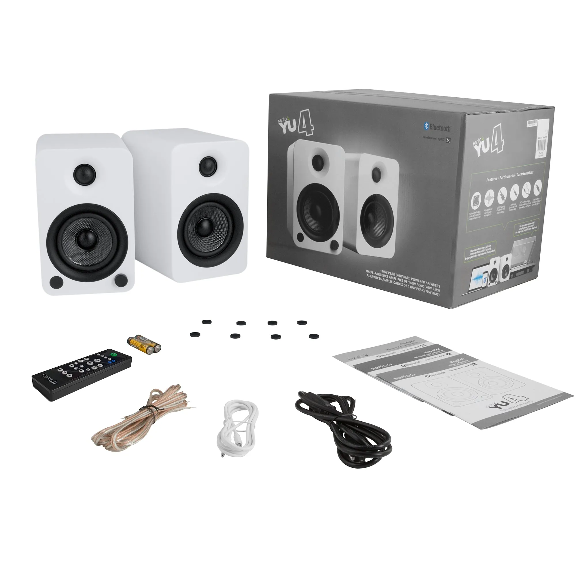 Kanto YU4 140W Powered Bookshelf Speakers with Bluetooth and Phono Preamp - Pair, Matte White with SP6HDW Black White Bundle