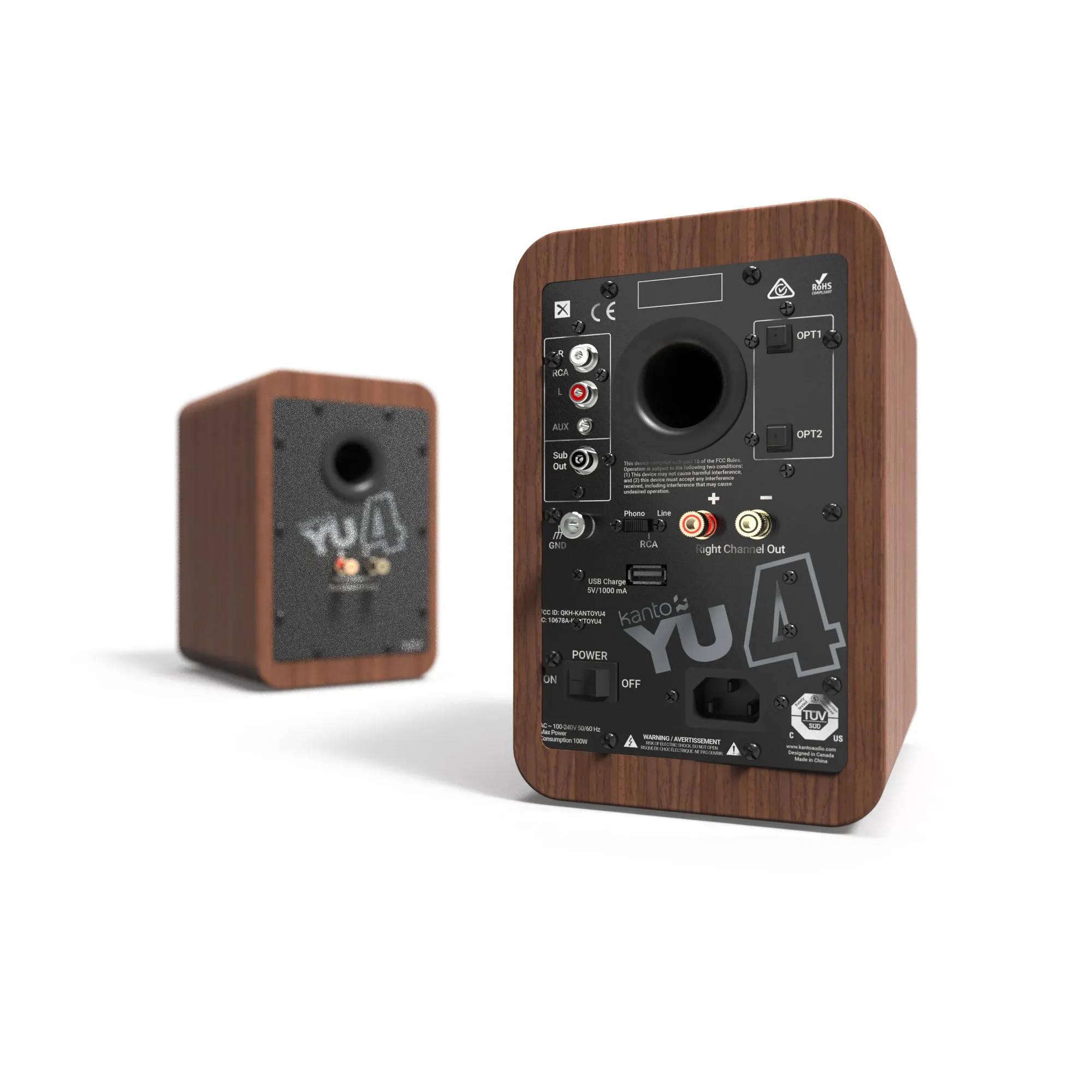 Kanto YU4 140W Powered Bookshelf Speakers with Bluetooth and Phono Preamp - Pair, Walnut with S4 Black Stand Bundle