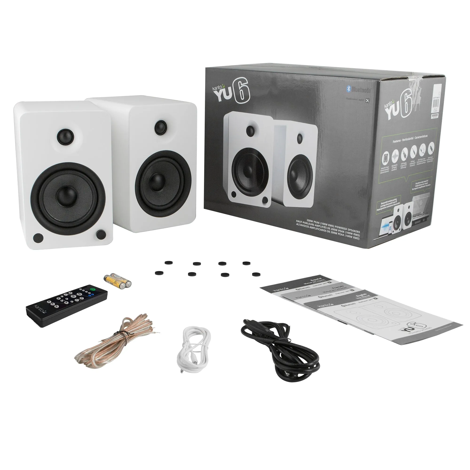 Kanto YU6 200W Powered Bookshelf Speakers with Bluetooth and Phono Preamp - Pair, Matte White with SP32PLW White Stand Bundle