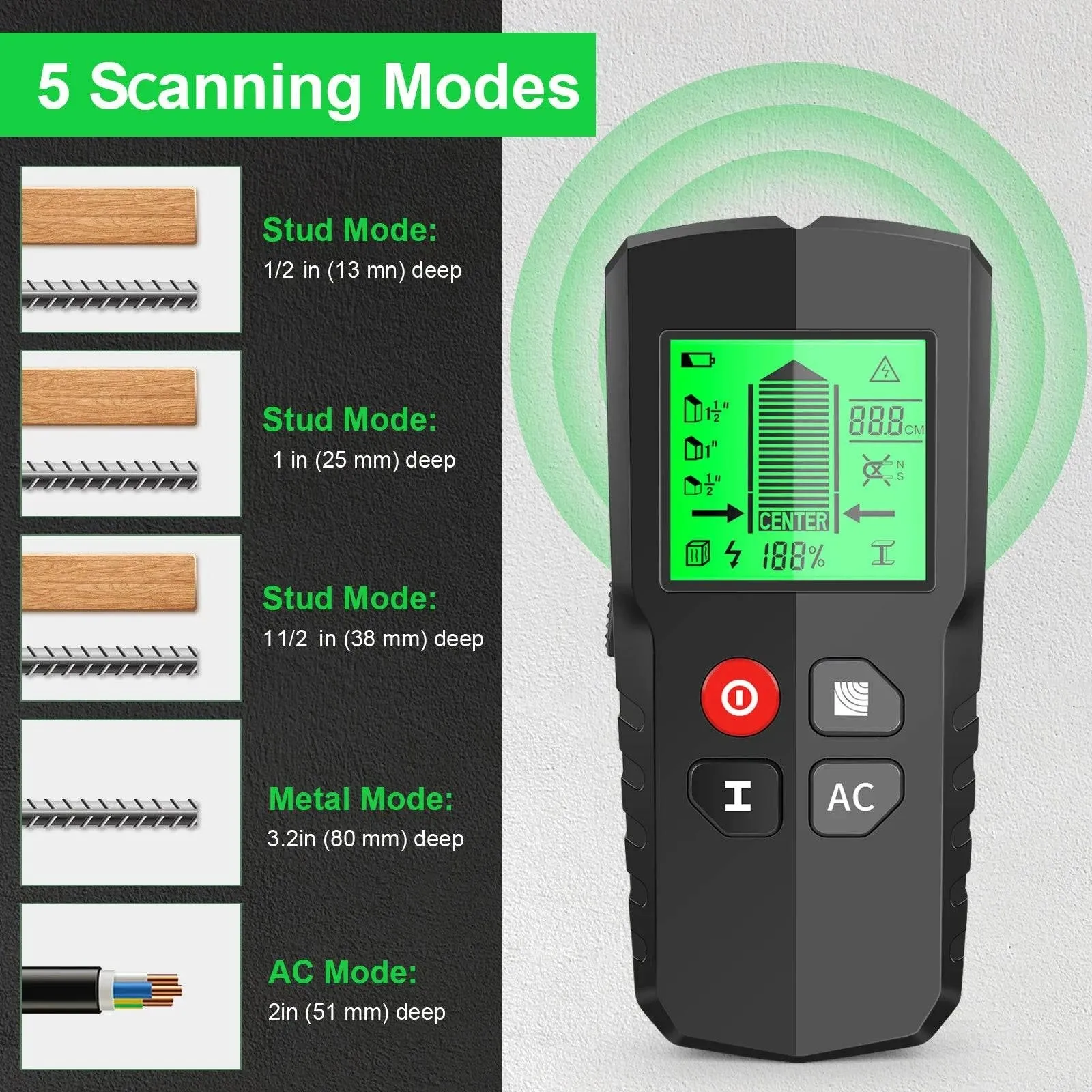 Stud Finder Wall Scanner 5 in 1 Electronic Stud Detector with HD LCD Display Used for Detecting Wood and AC Power